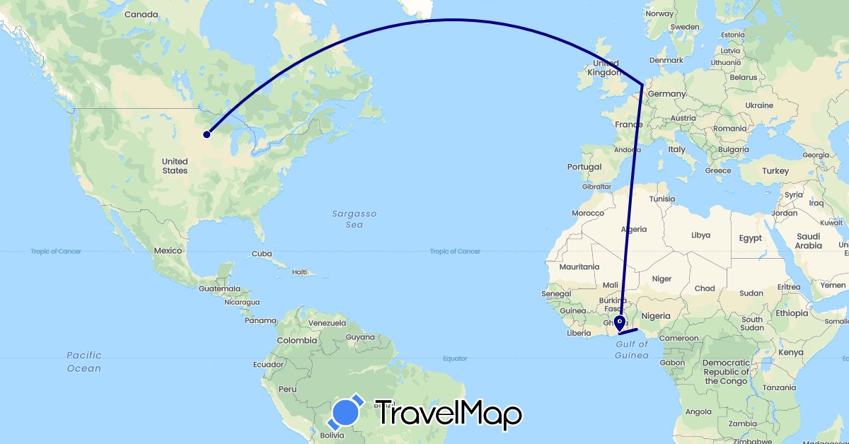 TravelMap itinerary: driving in Ghana, Nigeria, Netherlands, United States (Africa, Europe, North America)